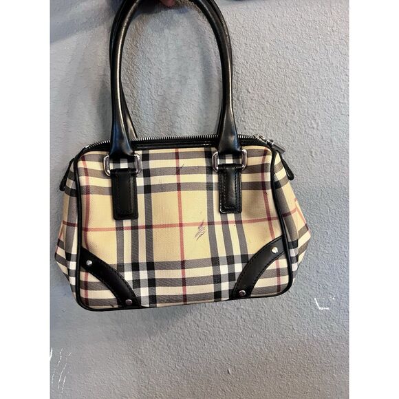 Burberry Nova Check Beige & Black Small Tote Boston Bag Bowling FLAWED - Picture 1 of 15